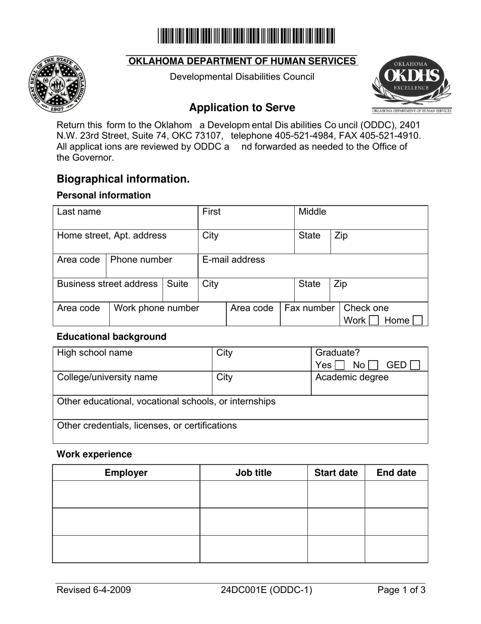 Form 24DC001E (ODDC-1) Application to Serve - Oklahoma, Page 1