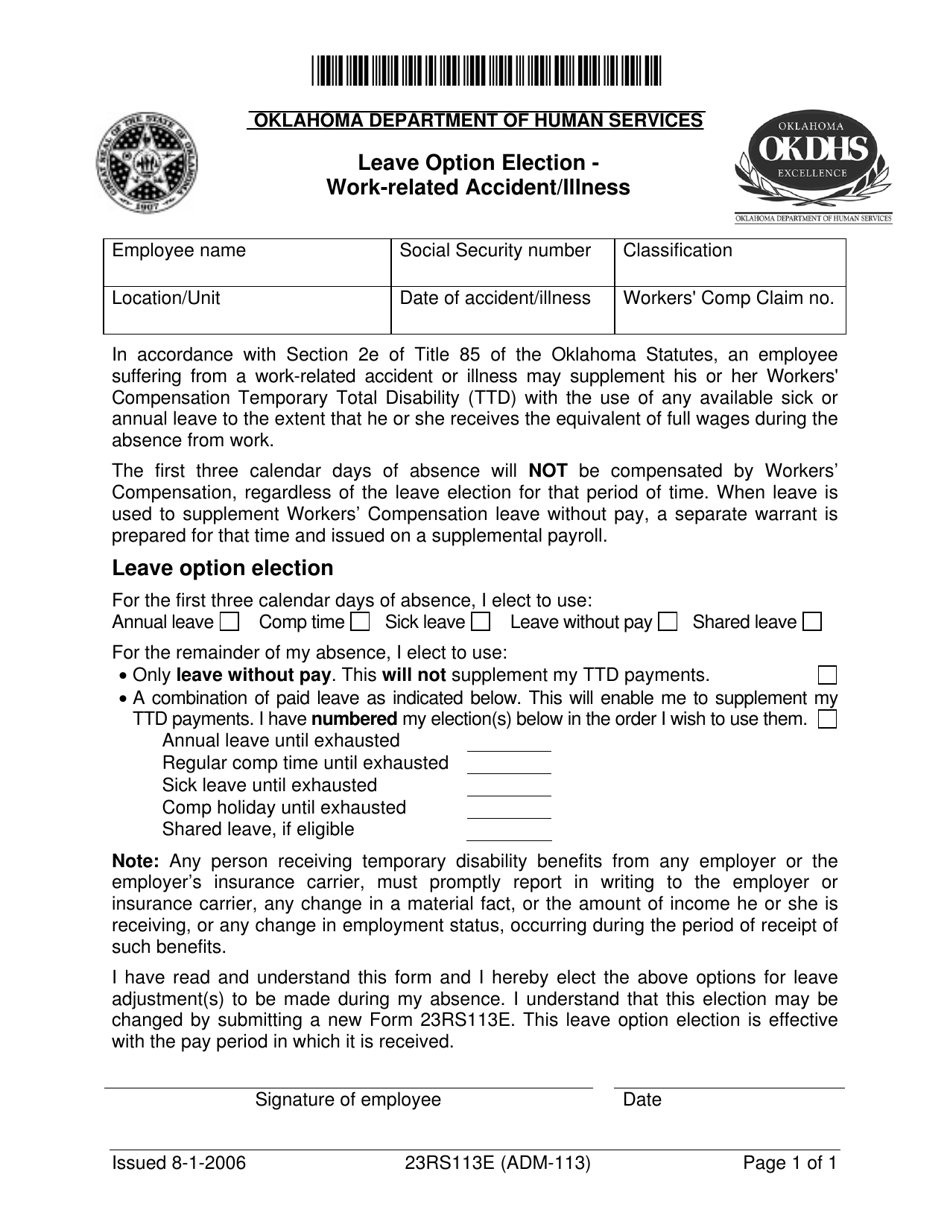 Form 23RS113E (ADM-113) Leave Option Election - Work-Related Accident / Illness - Oklahoma, Page 1