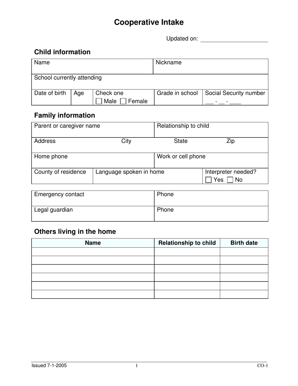 Form CO001 Cooperative Intake - Oklahoma, Page 1