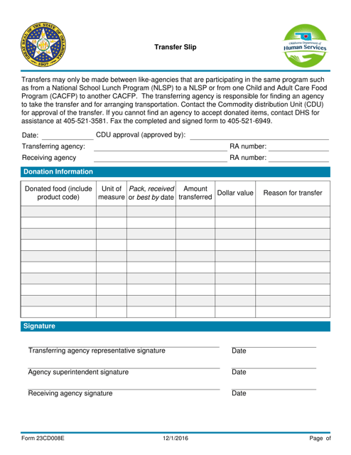 Form 23CD008E (CDU-1) Transfer Slip - Oklahoma
