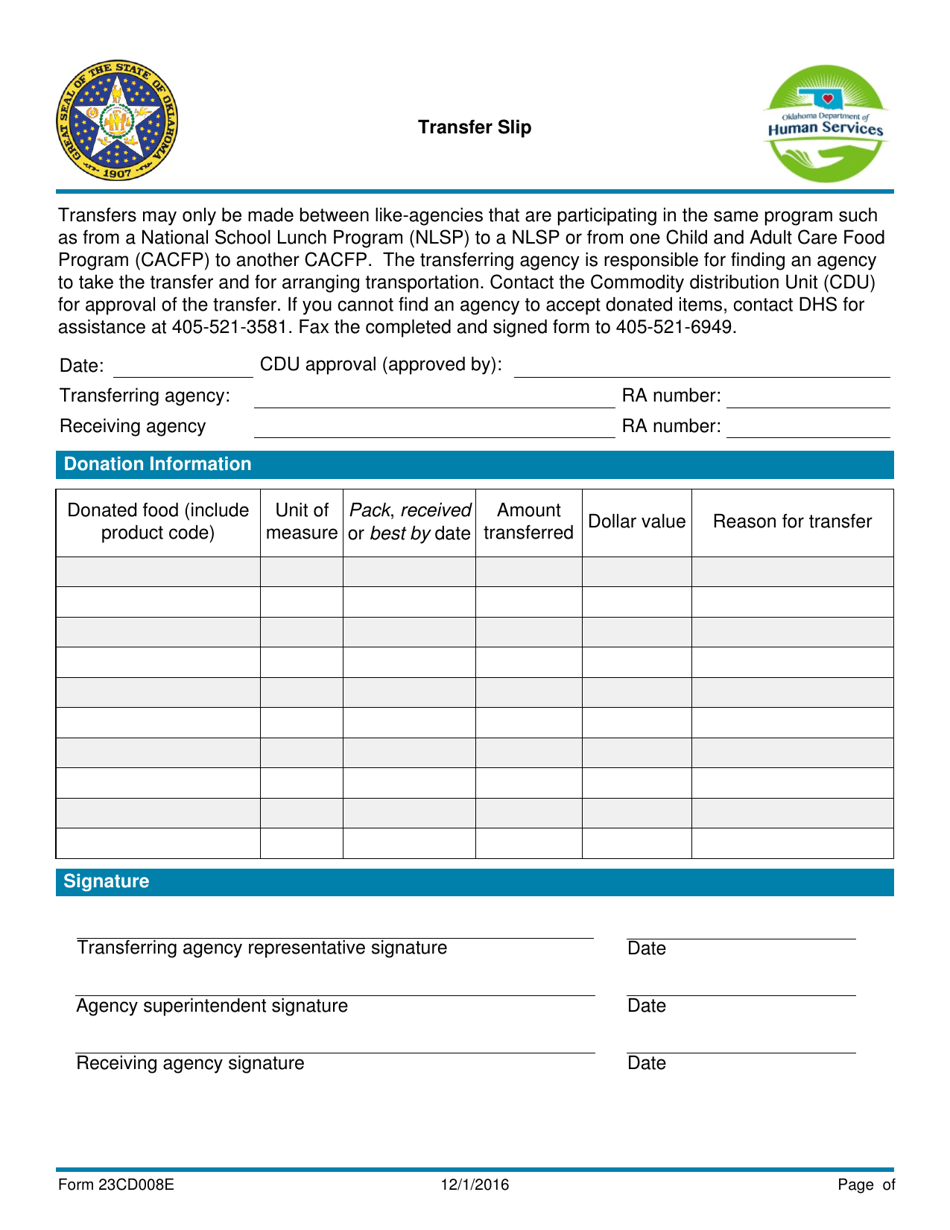 Form 23CD008E (CDU-1) Transfer Slip - Oklahoma, Page 1