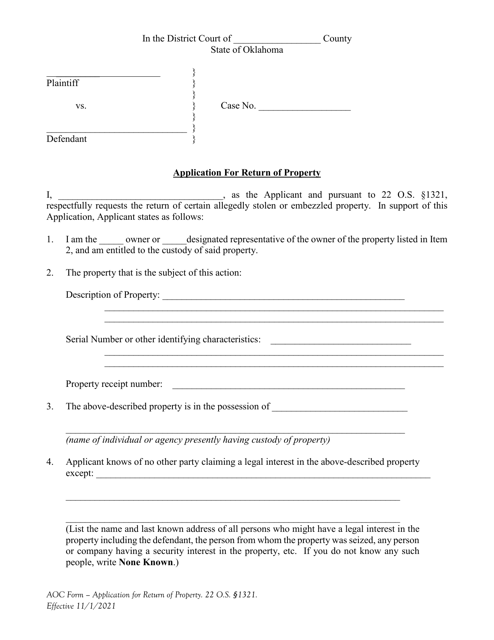 Application for Return of Allegedly Stolen or Embezzled Property - Oklahoma Download Pdf