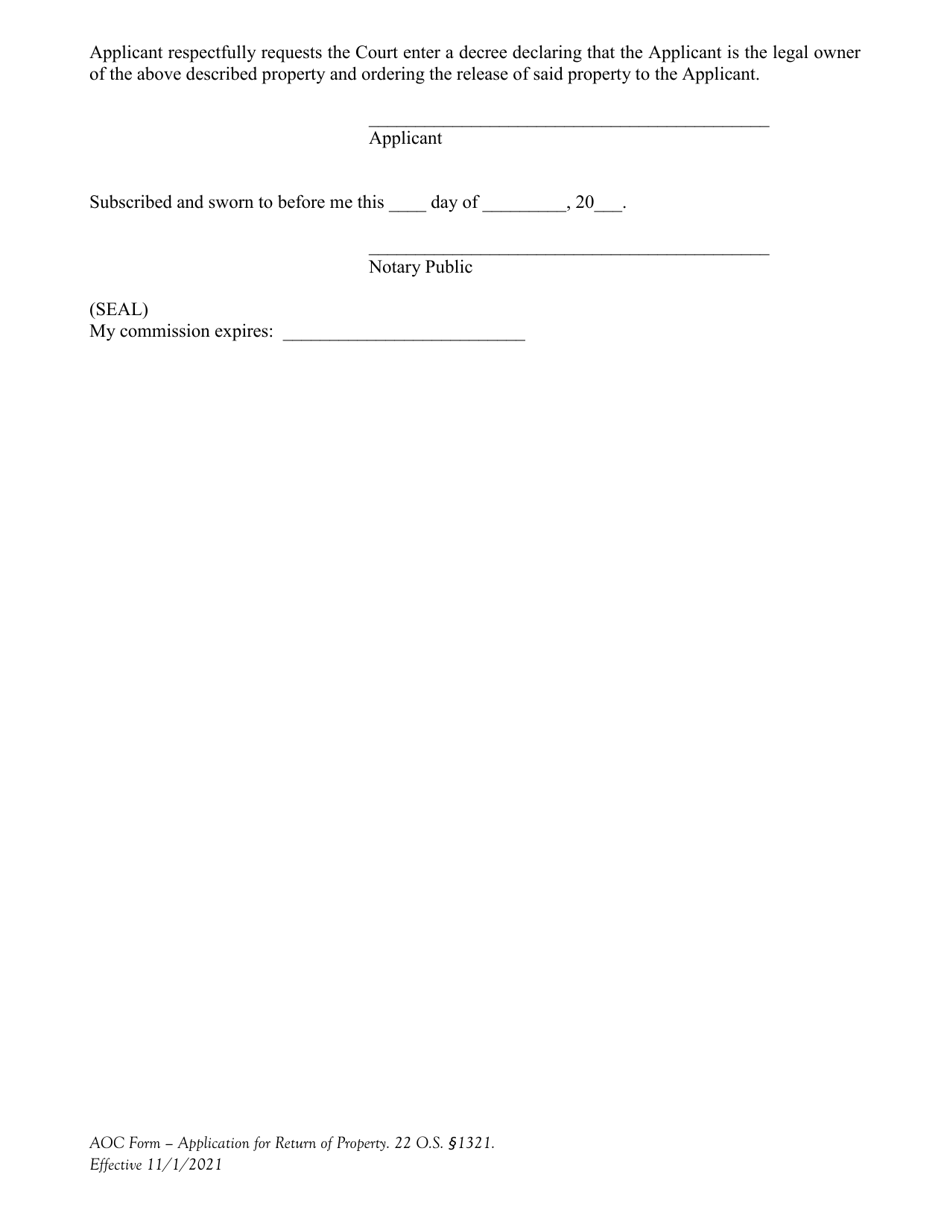 Application for Return of Allegedly Stolen or Embezzled Property - Oklahoma, Page 2