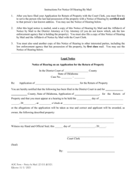 Notice of Hearing on an Application for the Return of Property by Mail - Oklahoma