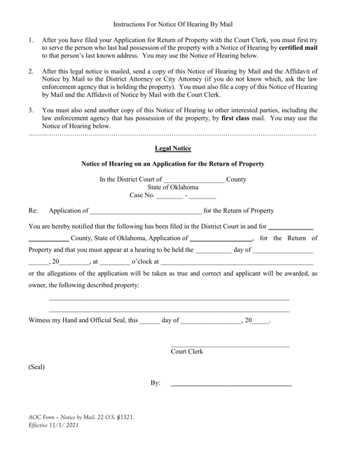 Notice of Hearing on an Application for the Return of Property by Mail - Oklahoma Download Pdf