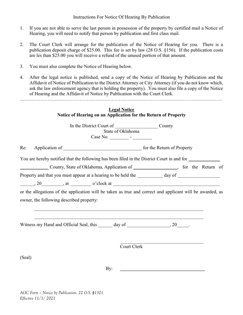Notice of Hearing on an Application for the Return of Property by Publication - Oklahoma Download Pdf