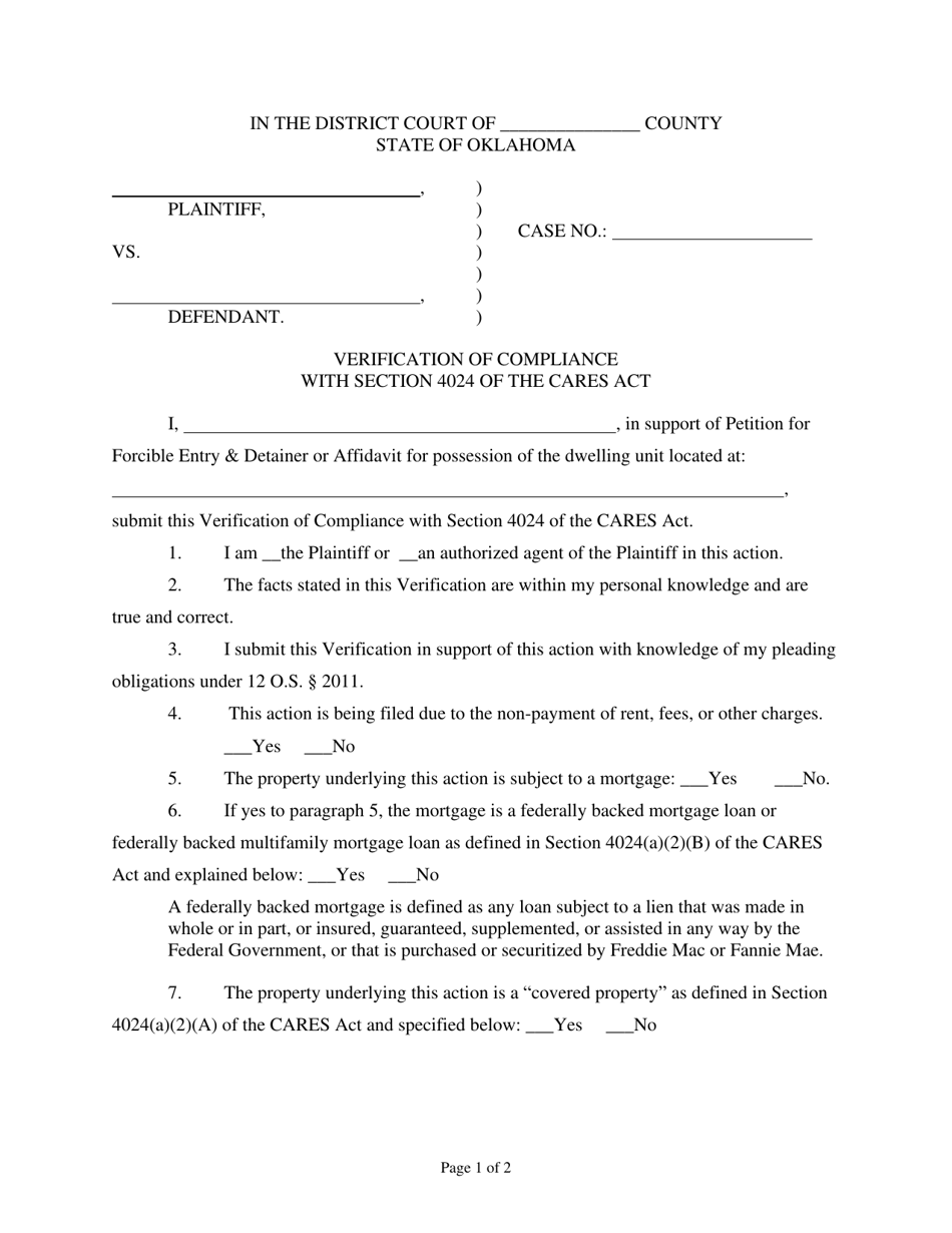 Verification of Compliance With Section 4024 of the Cares Act - Canadian County, Oklahoma, Page 1