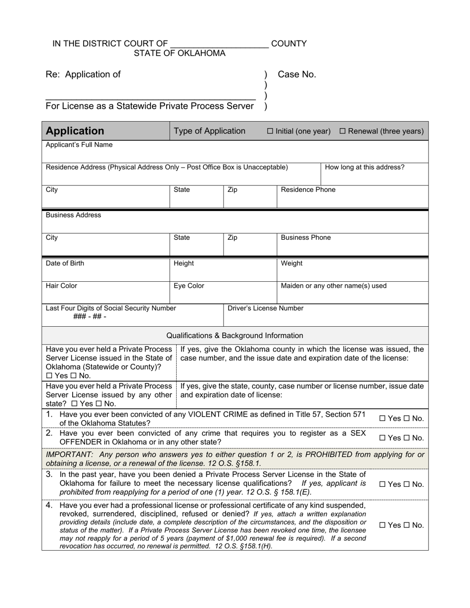 Application for Statewide License - Private Process Server - Oklahoma, Page 1
