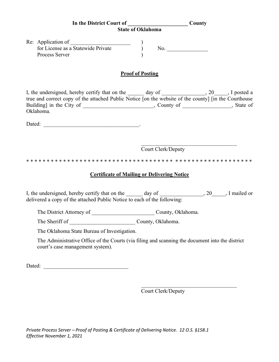 Proof of Posting and Certificate of Mailing or Delivering Notice - Oklahoma, Page 1