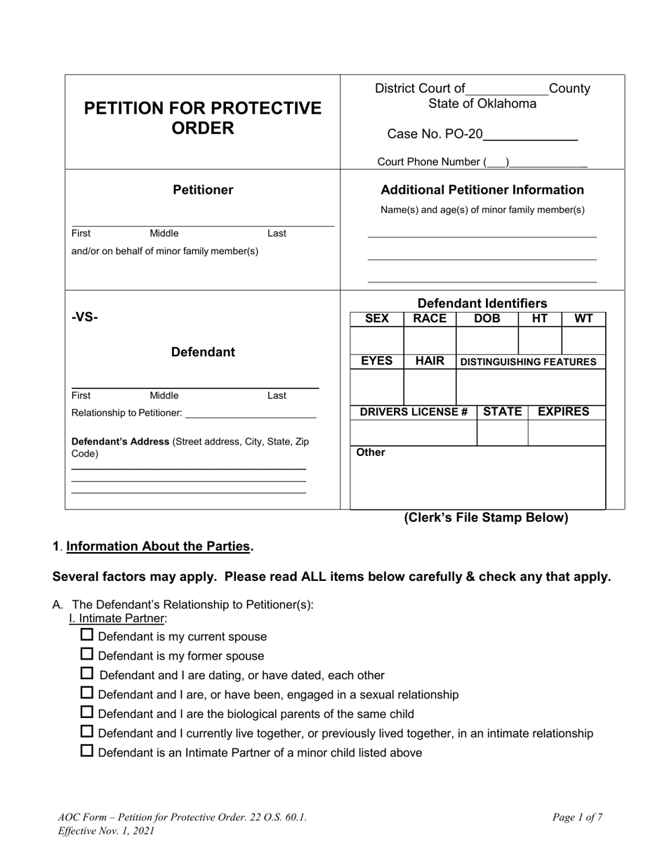 Oklahoma Petition for Protective Order Download Fillable PDF