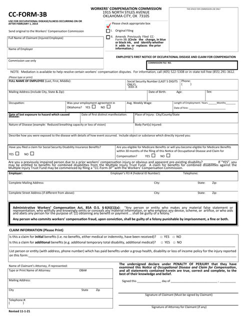CC- Form 3-B Employee's First Notice of Occupational Disease and Claim for Compensation - Oklahoma