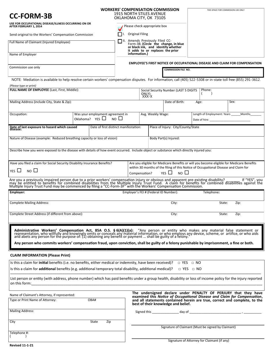 CC- Form 3-B Employees First Notice of Occupational Disease and Claim for Compensation - Oklahoma, Page 1
