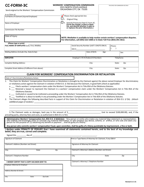 Document preview: CC- Form 3-C Claim for Workers' Compensation Discrimination or Retaliation - Oklahoma