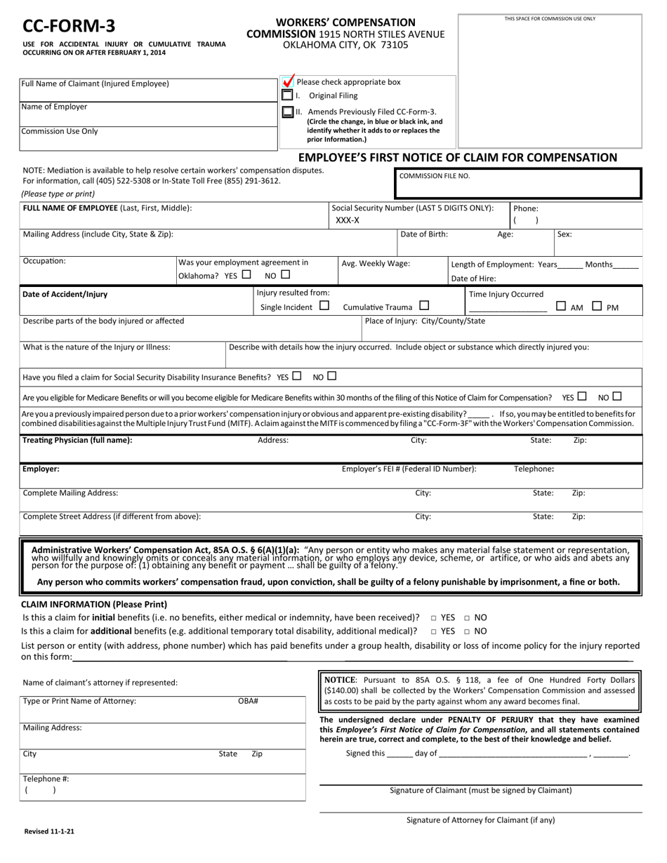 CC- Form 3 Employee's First Notice of Claim for Compensation - Oklahoma, Page 1