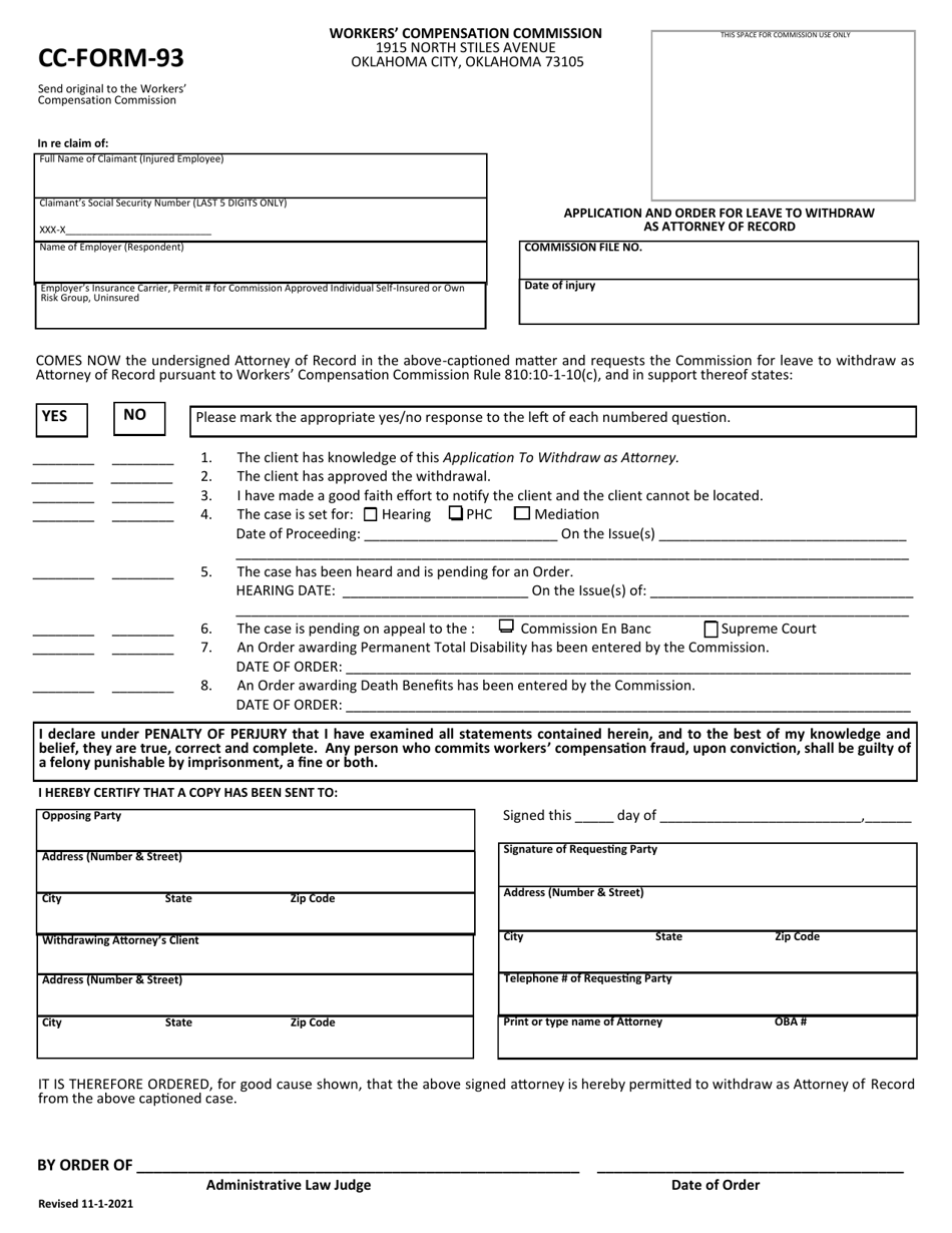 CC- Form 93 Application and Order for Leave to Withdraw as Attorney of Record - Oklahoma, Page 1