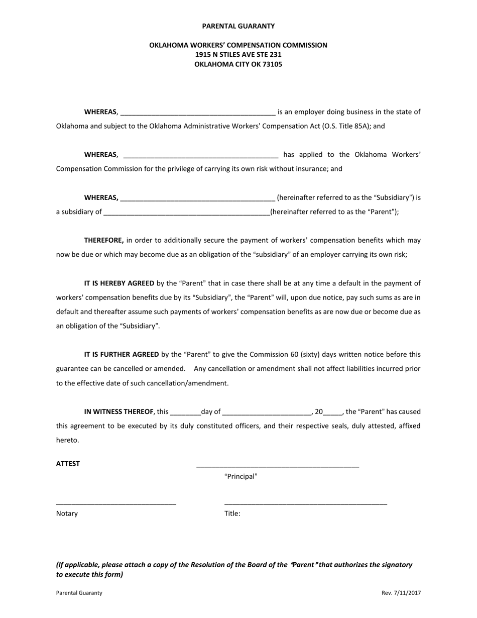 Parental Guaranty Form - Oklahoma, Page 1