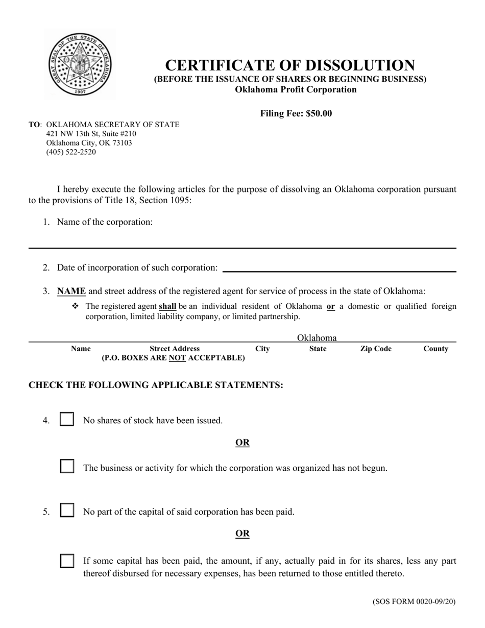 SOS Form 0020 Certificate of Dissolution (Before the Issuance of Shares or Beginning Business) - Oklahoma Profit Corporation - Oklahoma, Page 1