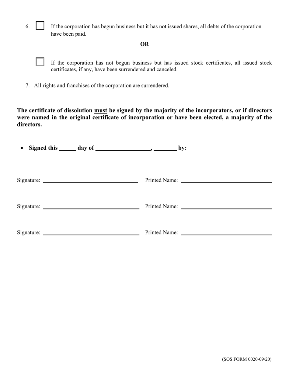 SOS Form 0020 Certificate of Dissolution (Before the Issuance of Shares or Beginning Business) - Oklahoma Profit Corporation - Oklahoma, Page 2
