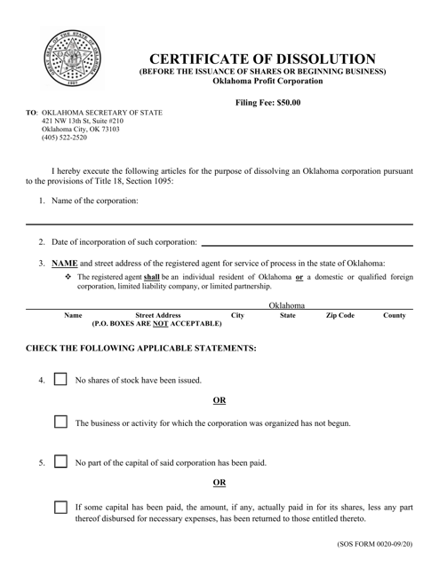 SOS Form 0020 Certificate of Dissolution (Before the Issuance of Shares or Beginning Business) - Oklahoma Profit Corporation - Oklahoma