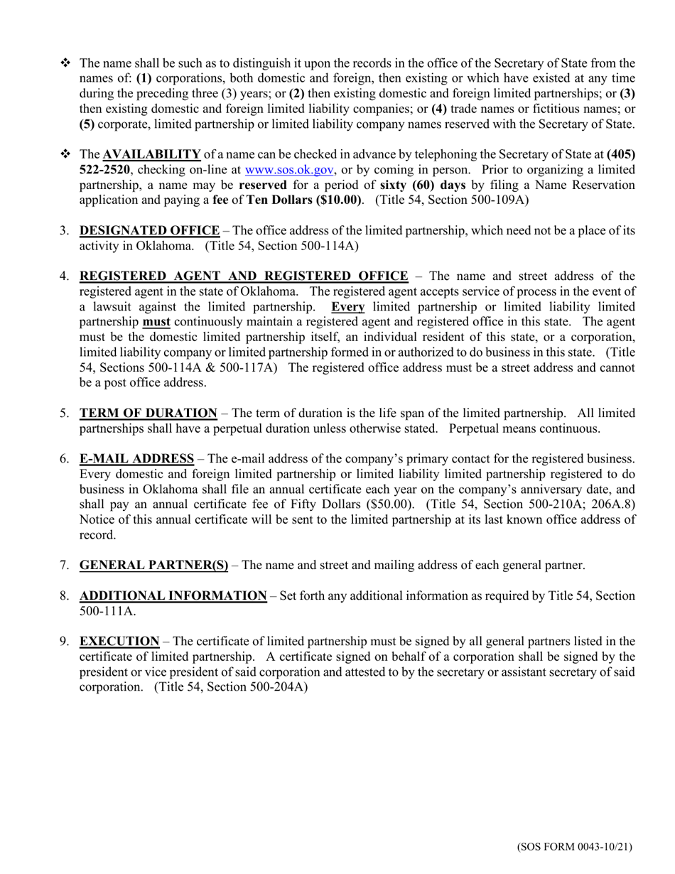 SOS Form 0043 Certificate of Limited Partnership (Oklahoma Limited Partnership) - Oklahoma, Page 2