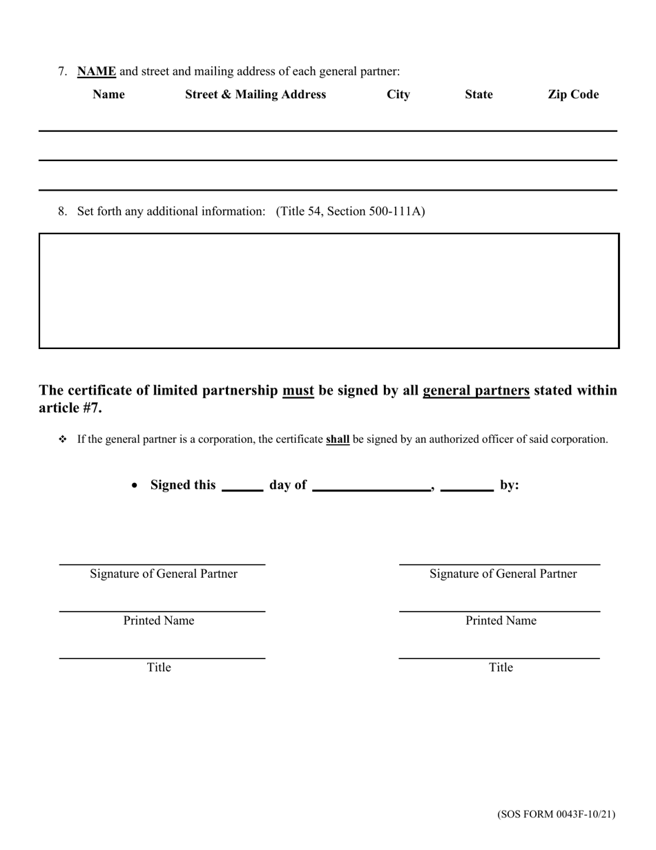 SOS Form 0043 Certificate of Limited Partnership (Oklahoma Limited Partnership) - Oklahoma, Page 4