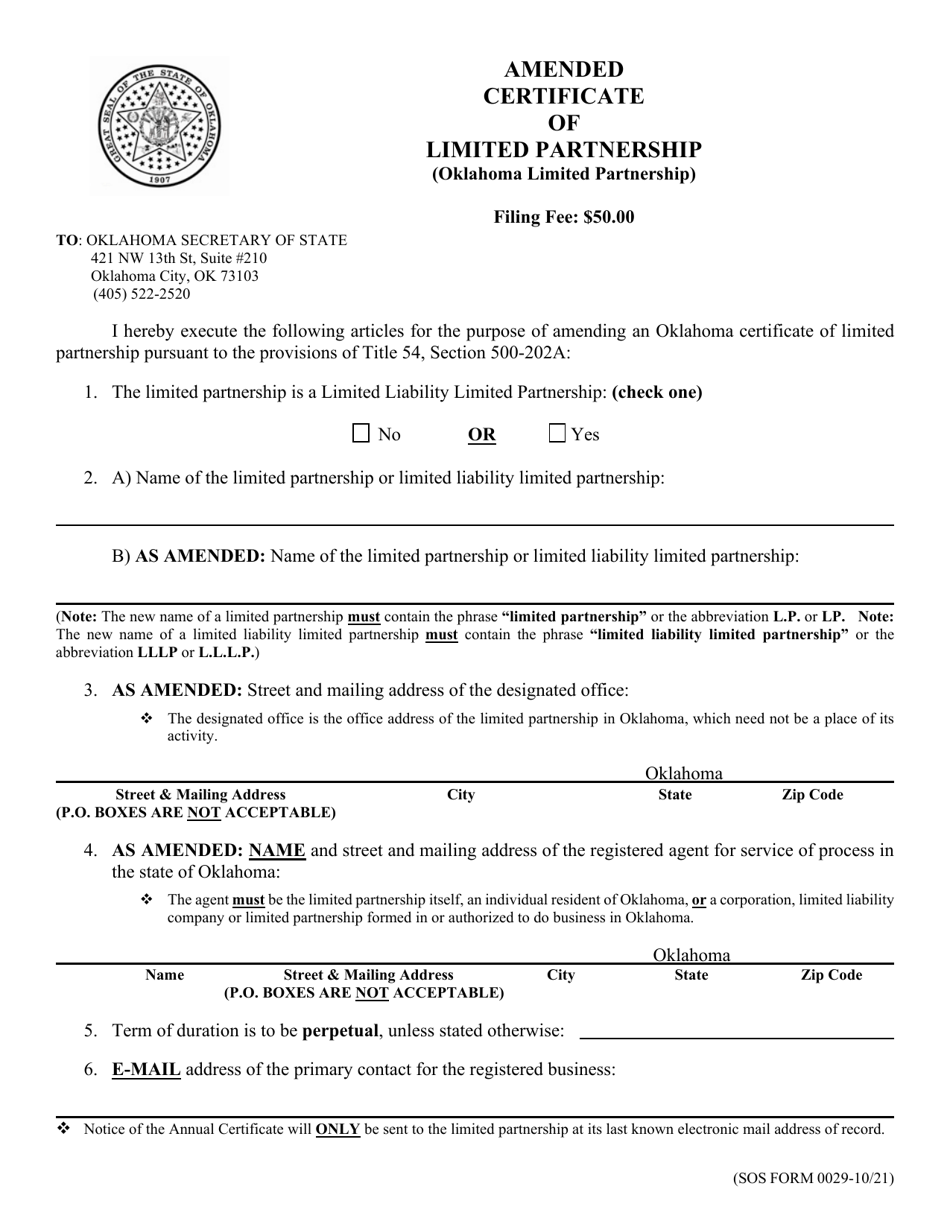 SOS Form 0029 Amended Certificate of Limited Partnership (Oklahoma Limited Partnership) - Oklahoma, Page 1