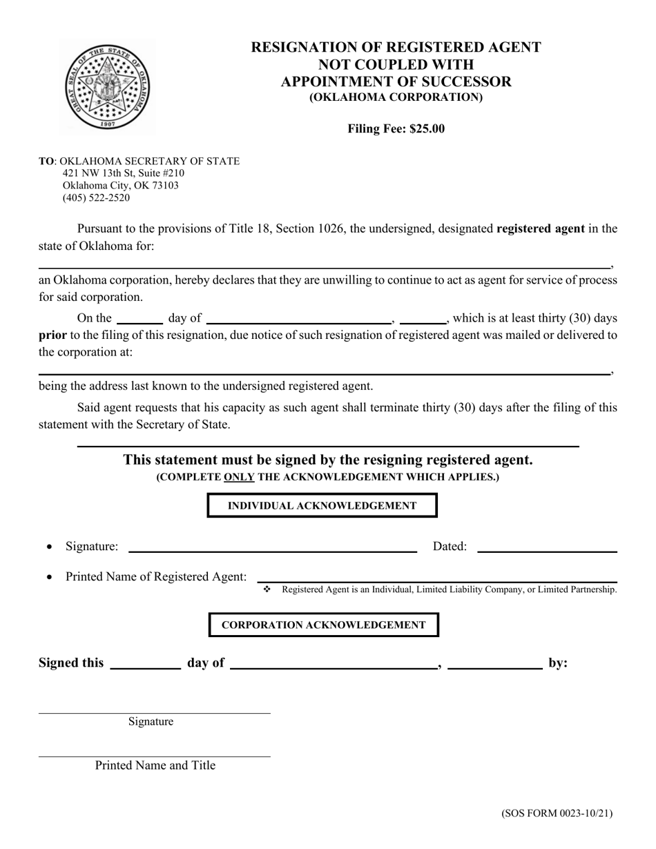 SOS Form 0023 Resignation of Registered Agent Not Coupled With Appointment of Successor (Oklahoma Corporation) - Oklahoma, Page 1