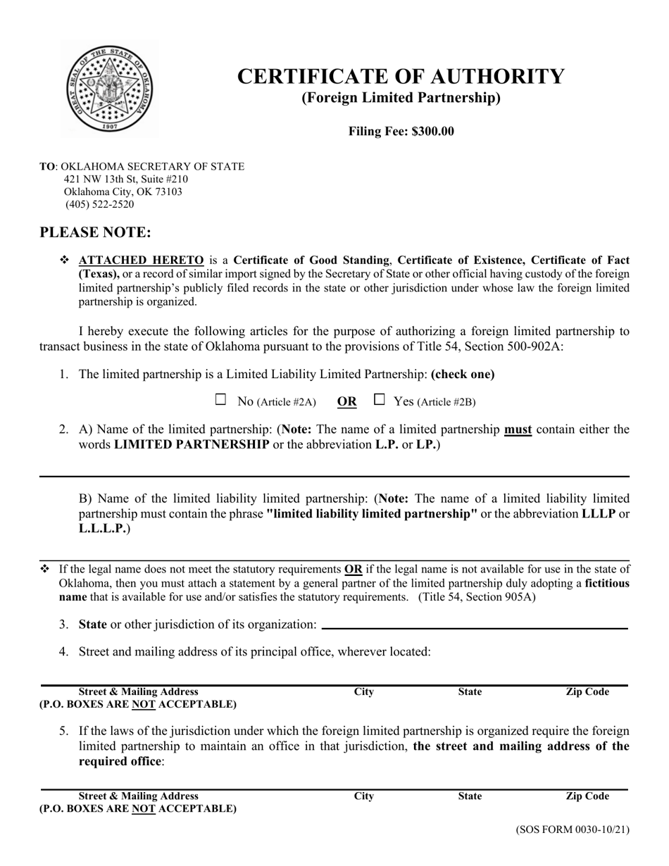 SOS Form 0030 Certificate of Authority (Foreign Limited Partnership) - Oklahoma, Page 1