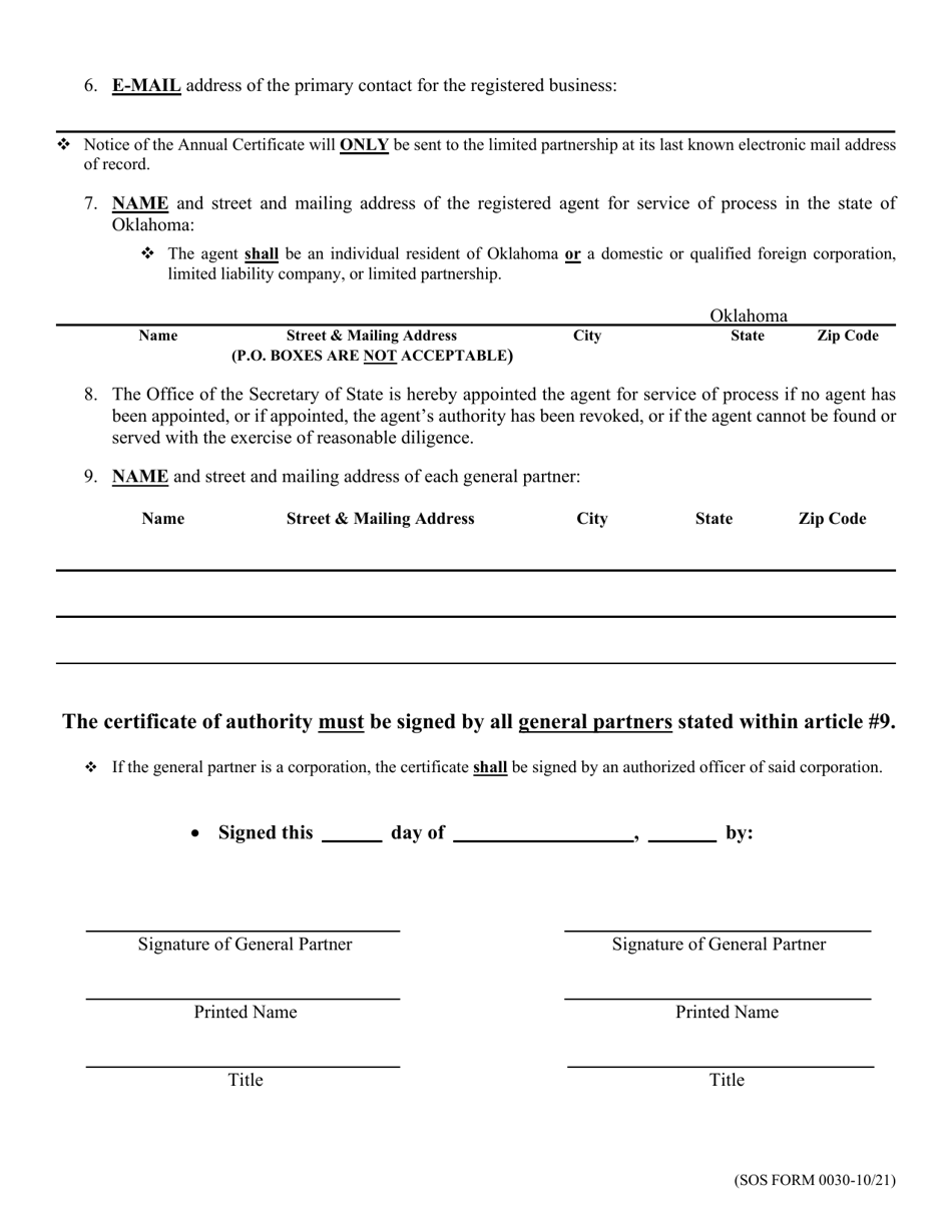 SOS Form 0030 Certificate of Authority (Foreign Limited Partnership) - Oklahoma, Page 2