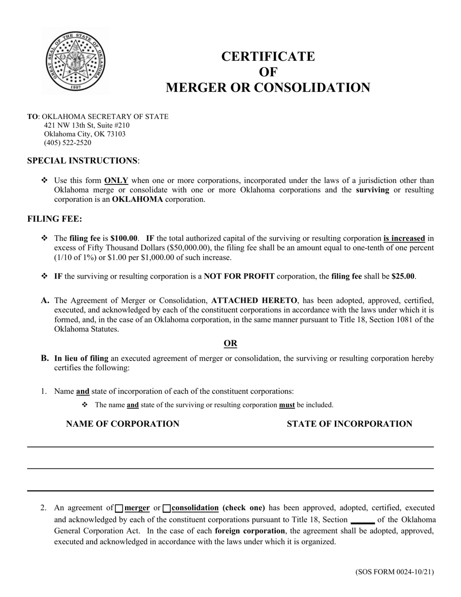 SOS Form 0024 Certificate of Merger or Consolidation (Foreign Corporation Into Oklahoma Corporation) - Oklahoma, Page 1