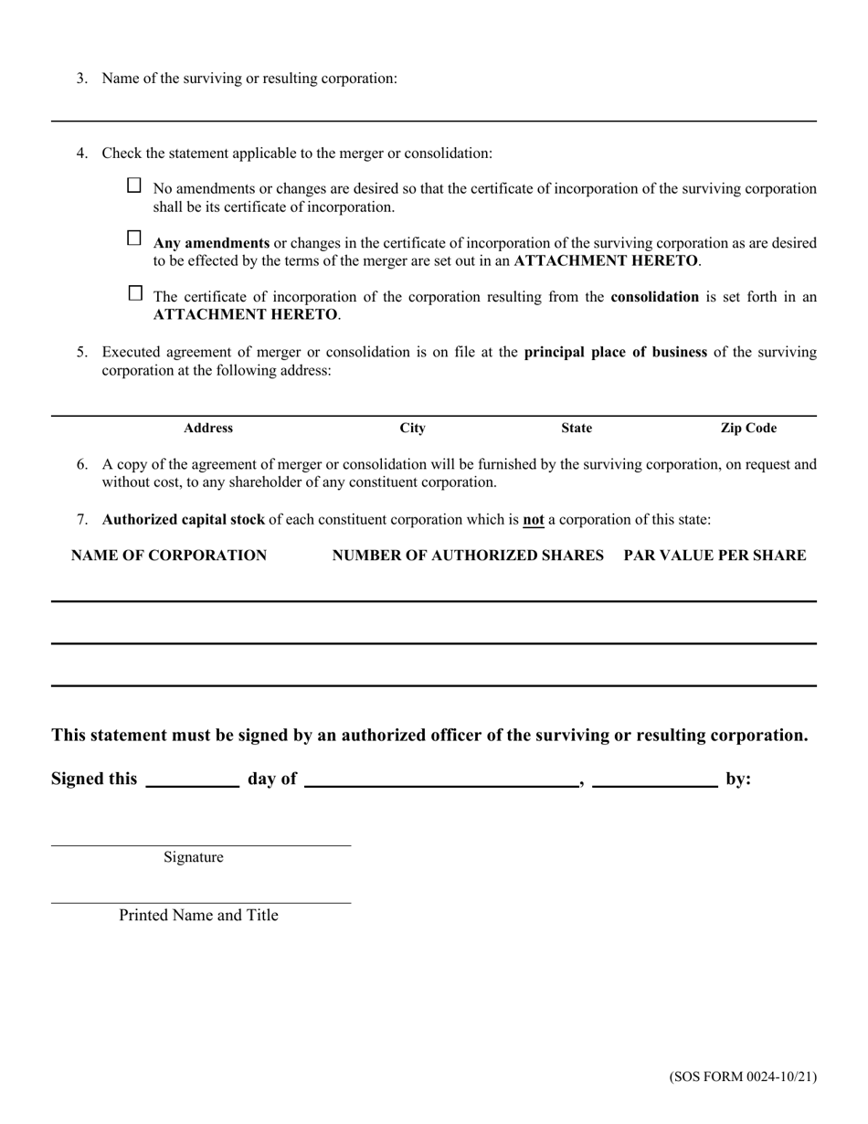 SOS Form 0024 Certificate of Merger or Consolidation (Foreign Corporation Into Oklahoma Corporation) - Oklahoma, Page 2