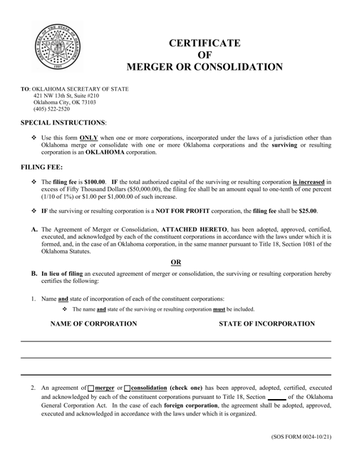 SOS Form 0024 Certificate of Merger or Consolidation (Foreign Corporation Into Oklahoma Corporation) - Oklahoma