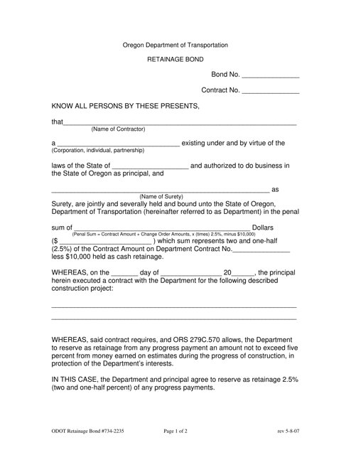 Form 734-2235 Retainage Bond - Oregon