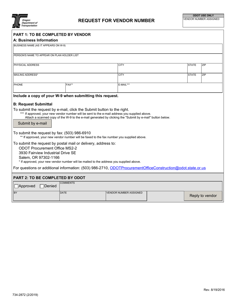 Form 734-2872 Request for Vendor Number - Oregon, Page 1