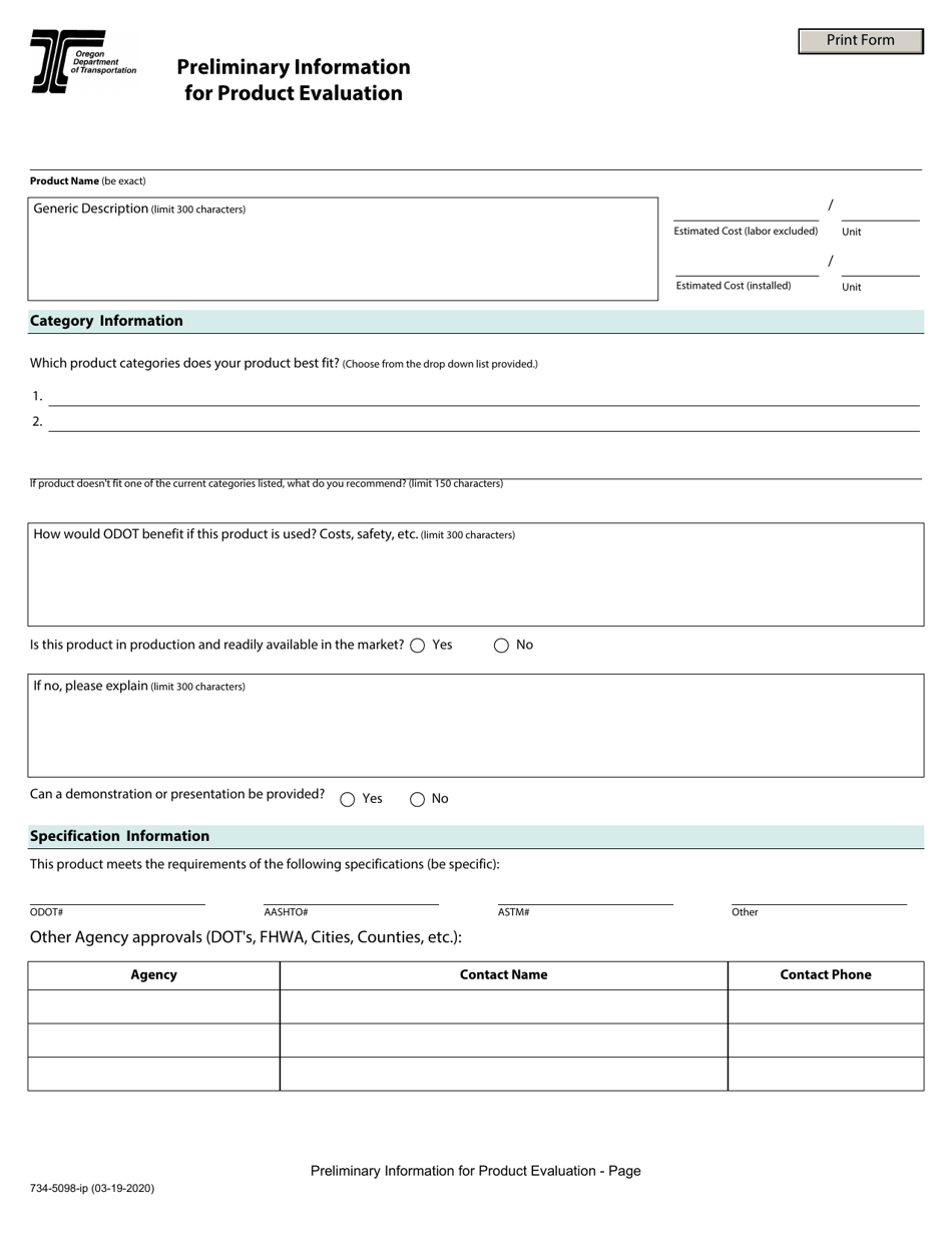 Form 734-5098 Preliminary Information for Product Evaluation - Oregon, Page 1