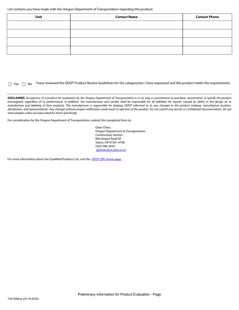 Form 734-5098 Preliminary Information for Product Evaluation - Oregon, Page 3