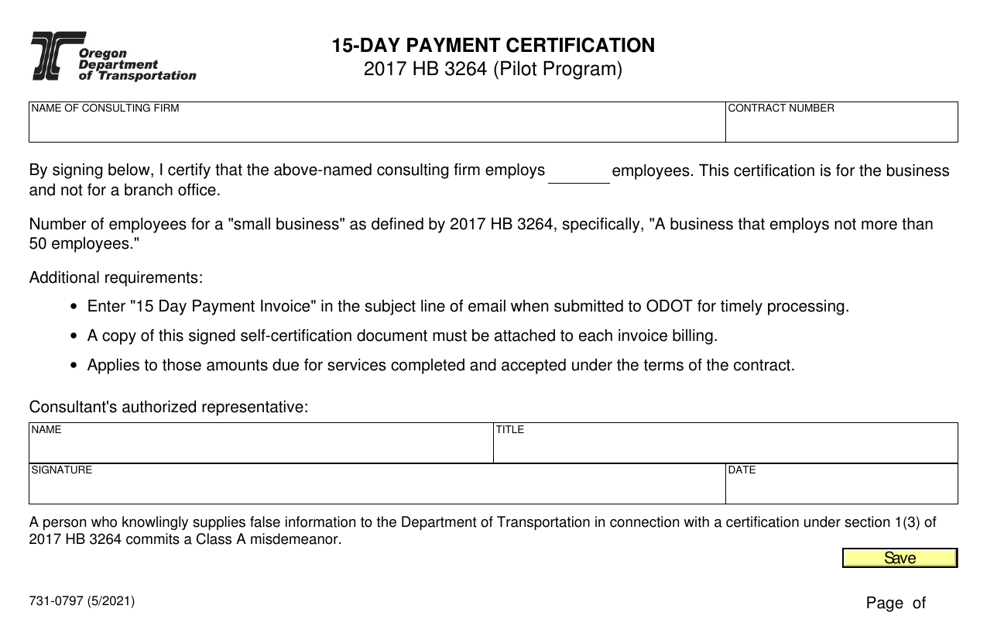Form 731-0797 15-day Payment Certification - Oregon