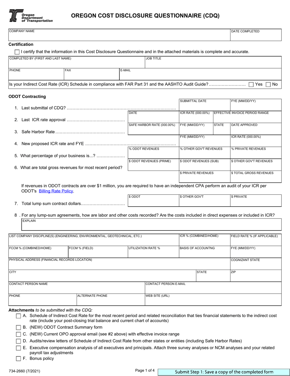 Form 734-2660 Oregon Cost Disclosure Questionnaire (Cdq) - Oregon, Page 1
