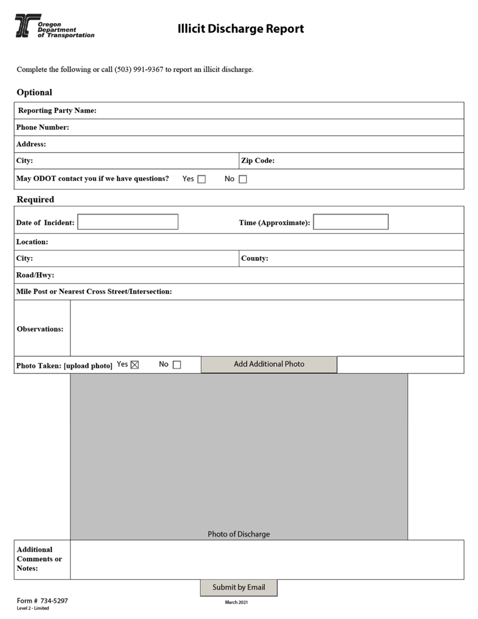 Form 734-5297 Illicit Discharge Report - Oregon, Page 1