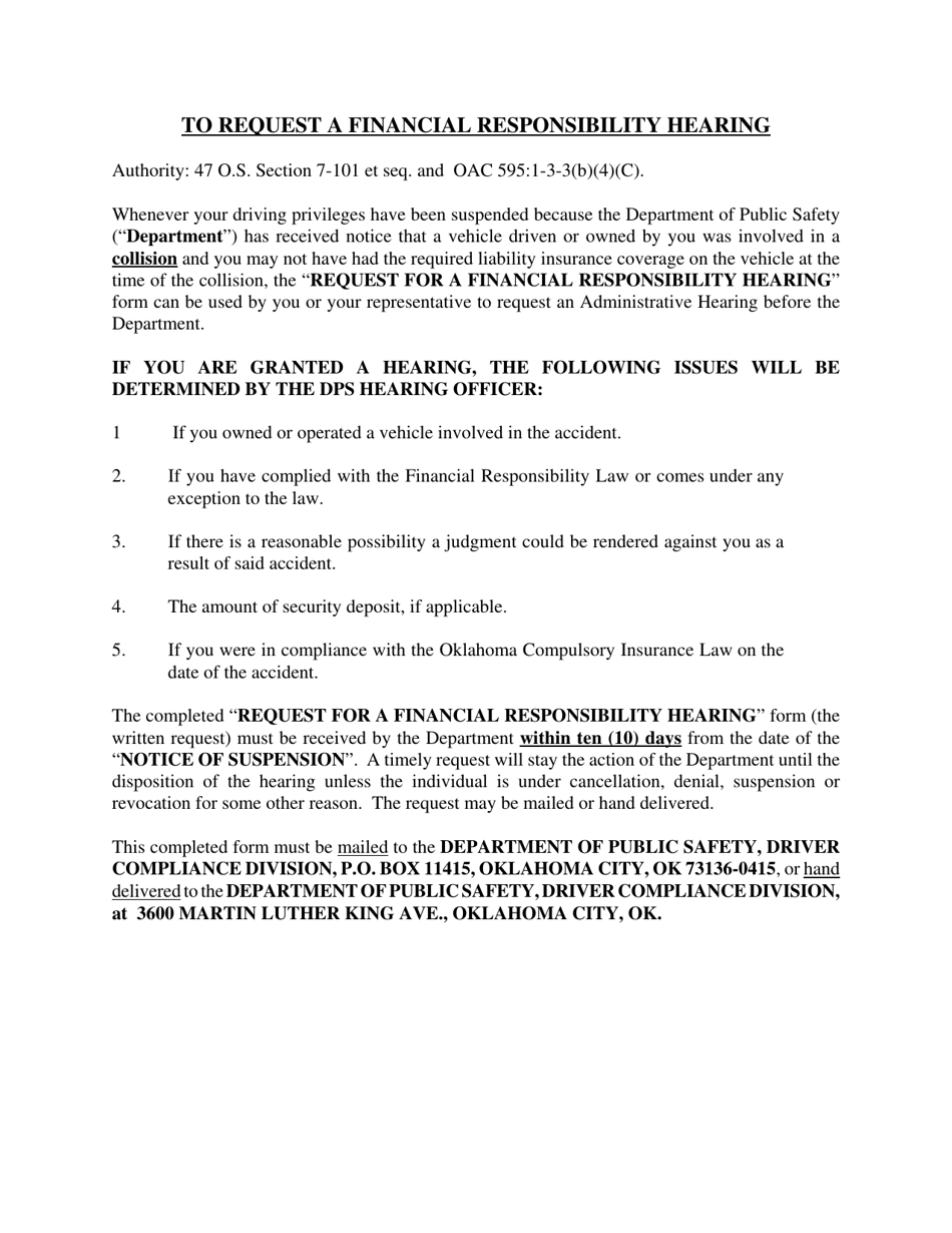 Request for a Financial Responsibility Hearing - Oklahoma, Page 1