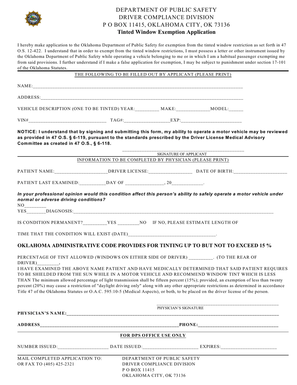 Tinted Window Exemption Application - Oklahoma, Page 1