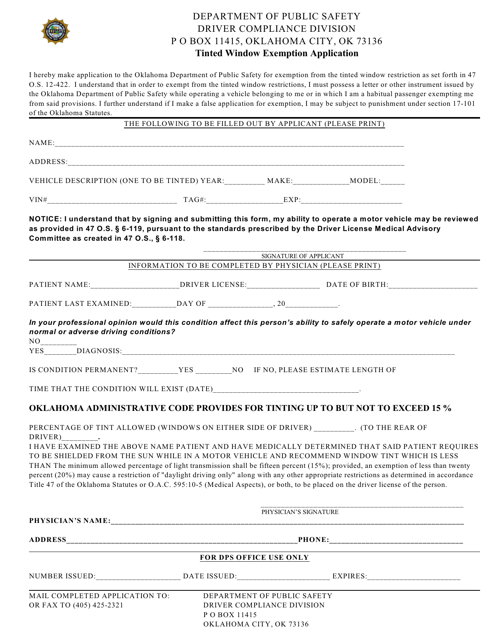 Tinted Window Exemption Application - Oklahoma Download Pdf
