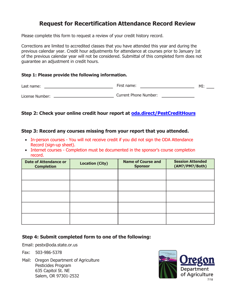 Request for Recertification Attendance Record Review - Oregon, Page 1