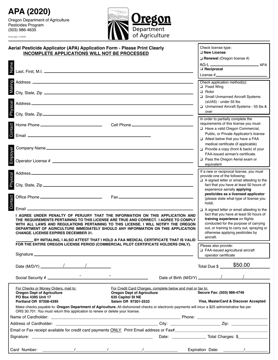 Form APA Aerial Pesticide Applicator (Apa) Application Form - Oregon, Page 1