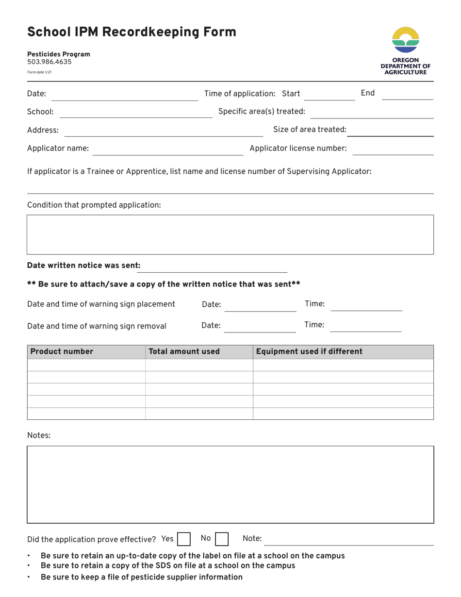 School Ipm Recordkeeping Form (Option 2) - Oregon, Page 3