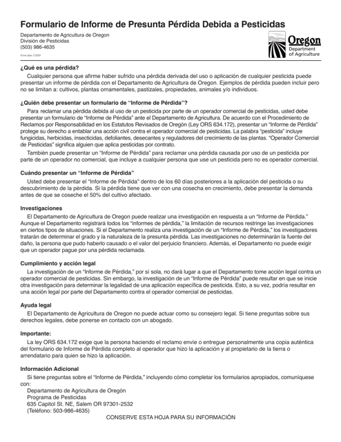 Informe De Perdida Presuntamente Causada Por El Uso De Insecticidas, Herbicidas, Fungicidas Y Otros Pesticidas - Oregon (Spanish) Download Pdf