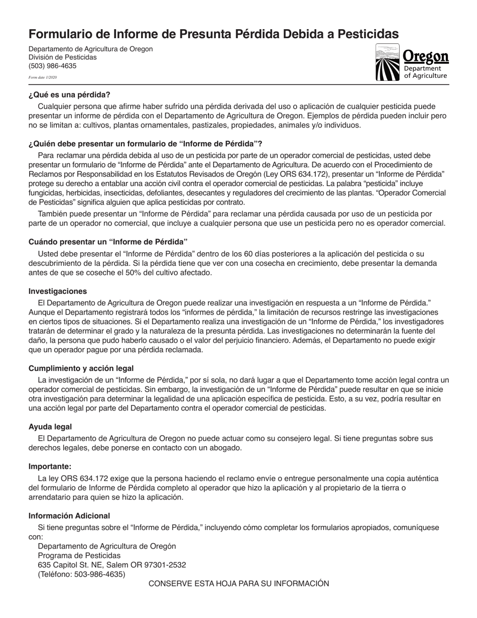 Informe De Perdida Presuntamente Causada Por El Uso De Insecticidas, Herbicidas, Fungicidas Y Otros Pesticidas - Oregon (Spanish), Page 1