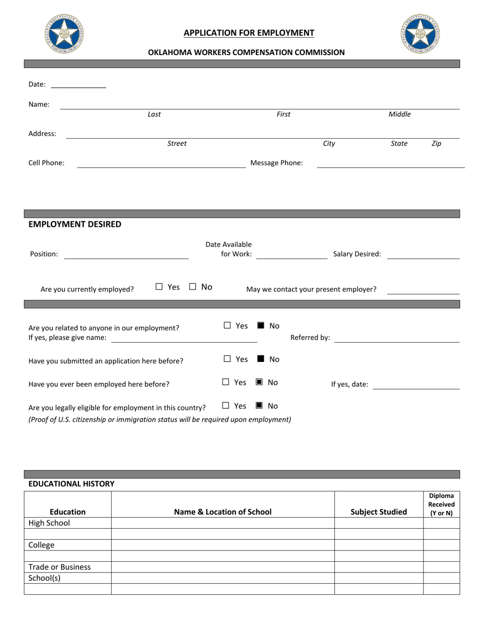 Application for Employment - Oklahoma, Page 1