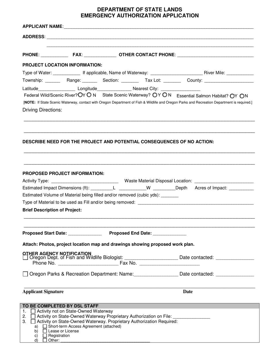 Emergency Authorization Application - Oregon, Page 1