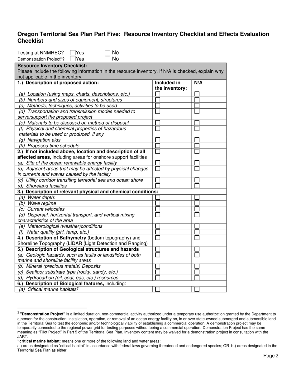 Part 5 Oregon Territorial Sea Plan - Resource Inventory Checklist and Effects Evaluation Checklist for Proposed Ocean Renewable Energy Projects in Oregons Territorial Sea - Oregon, Page 2